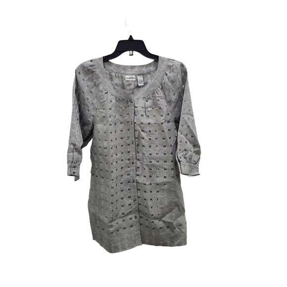 Chico's Women's Gray Sheer Detail Metallic Linen Blend Gem Button Tunic 0‎ (S/4) - Picture 1 of 4